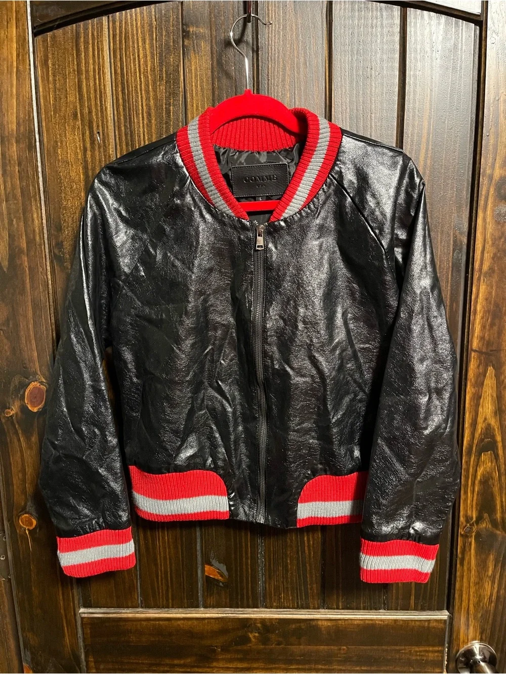 Kids Black Faux Leather Bomber Jacket with Red & Gray Trim